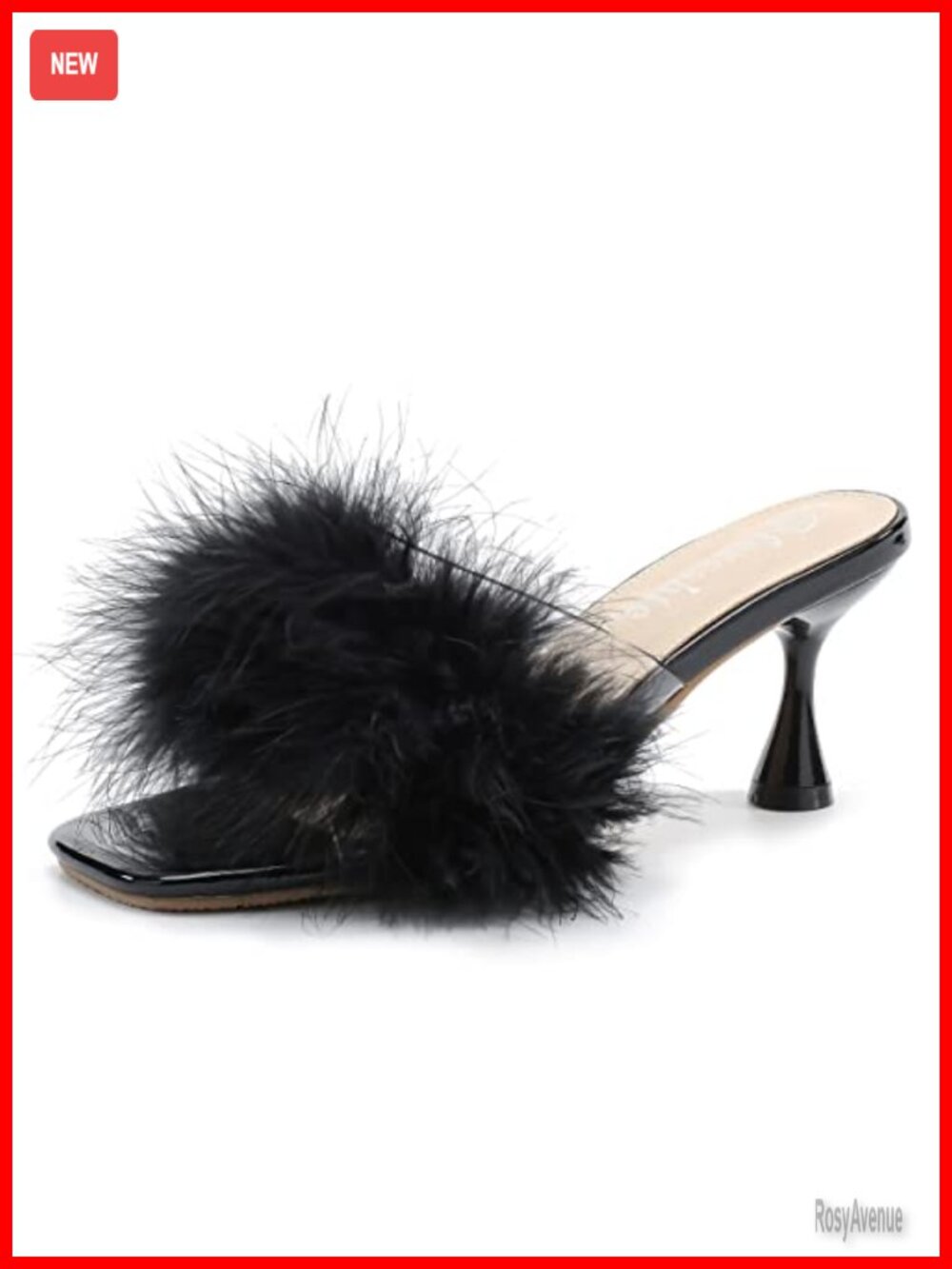Women's Feather Mule Sandals Kitten Heel Square Open Toe Slip On Fluffy Fur